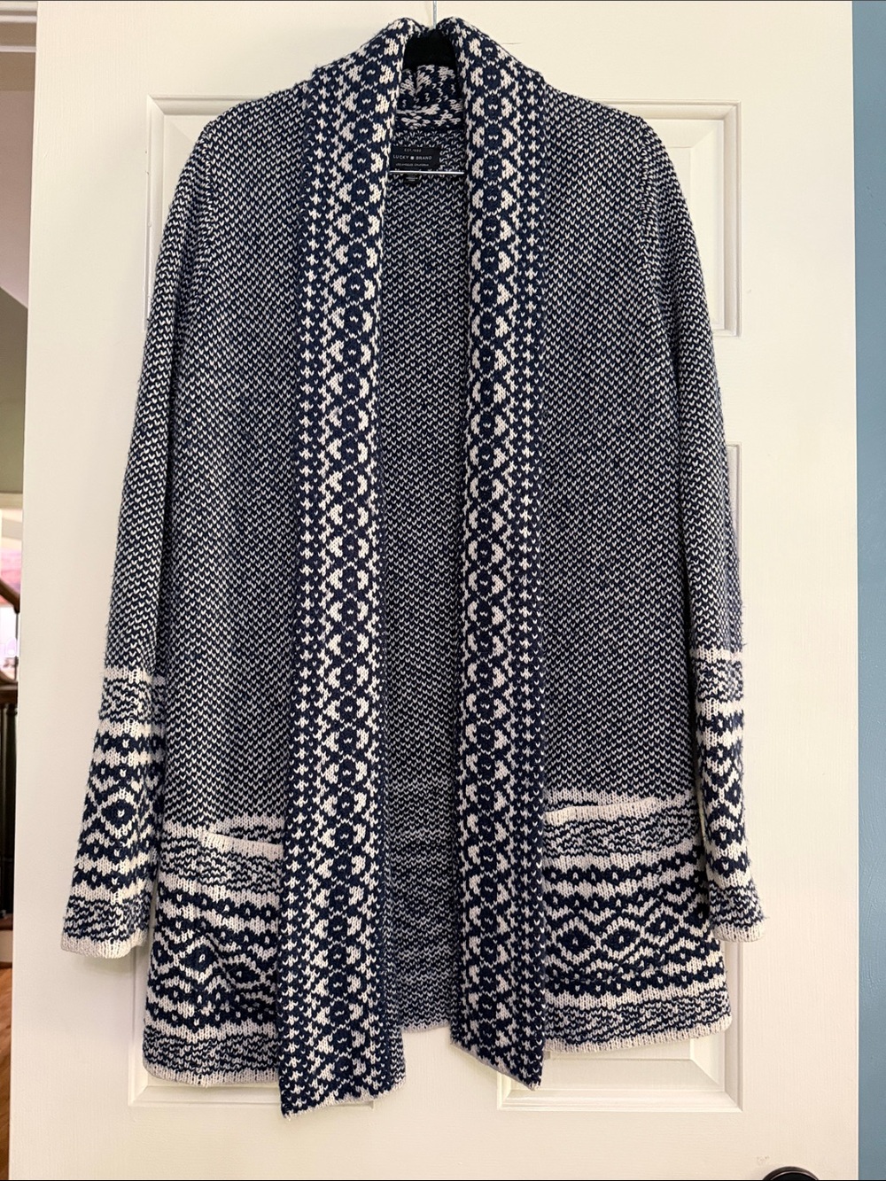 Lucky Brand Navy and White Fair Isle Open-Front Cardigan
